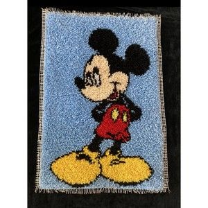 Handmade Cross Stitched Mickey Mouse Crochet Display Oversize 20x30 Vintage